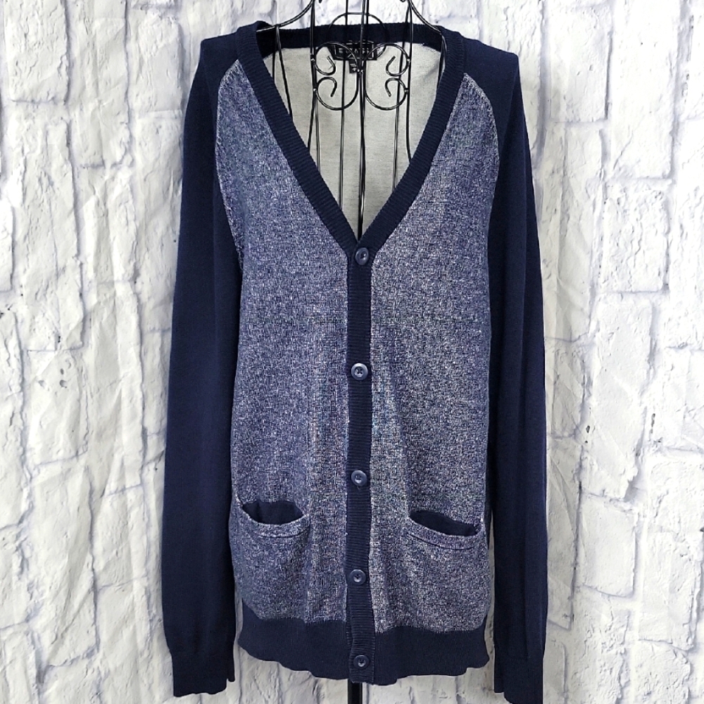 Express Button Down Knit Ribbed Denim Women's Navy Blue Cardigan‎ Sweater